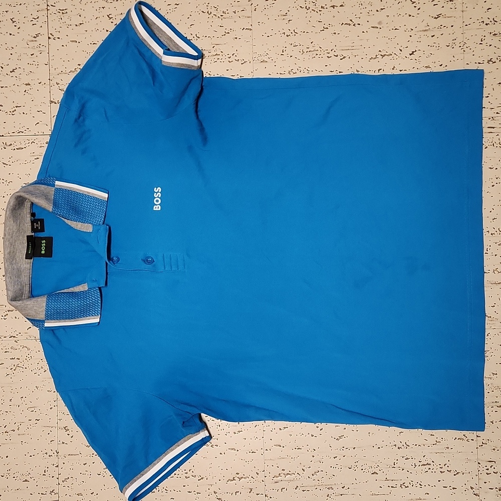 Hugo Boss Blue, Gray & White 1/4 Button Down Casual Spellout Polo Shirt